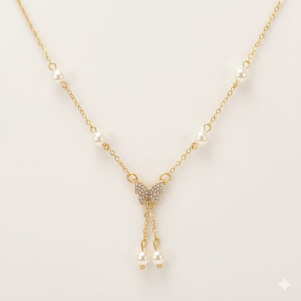 Gold Butterfly Pearl Necklace Rhinestone Pendant Fairycore 90s Whimsygoth New‎